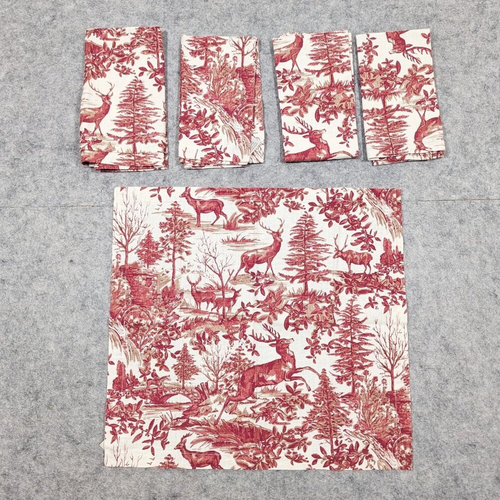 Pottery Barn Red Stag Alpine Toile Fabric Dinner Napkins Set of 5 Deer Horse